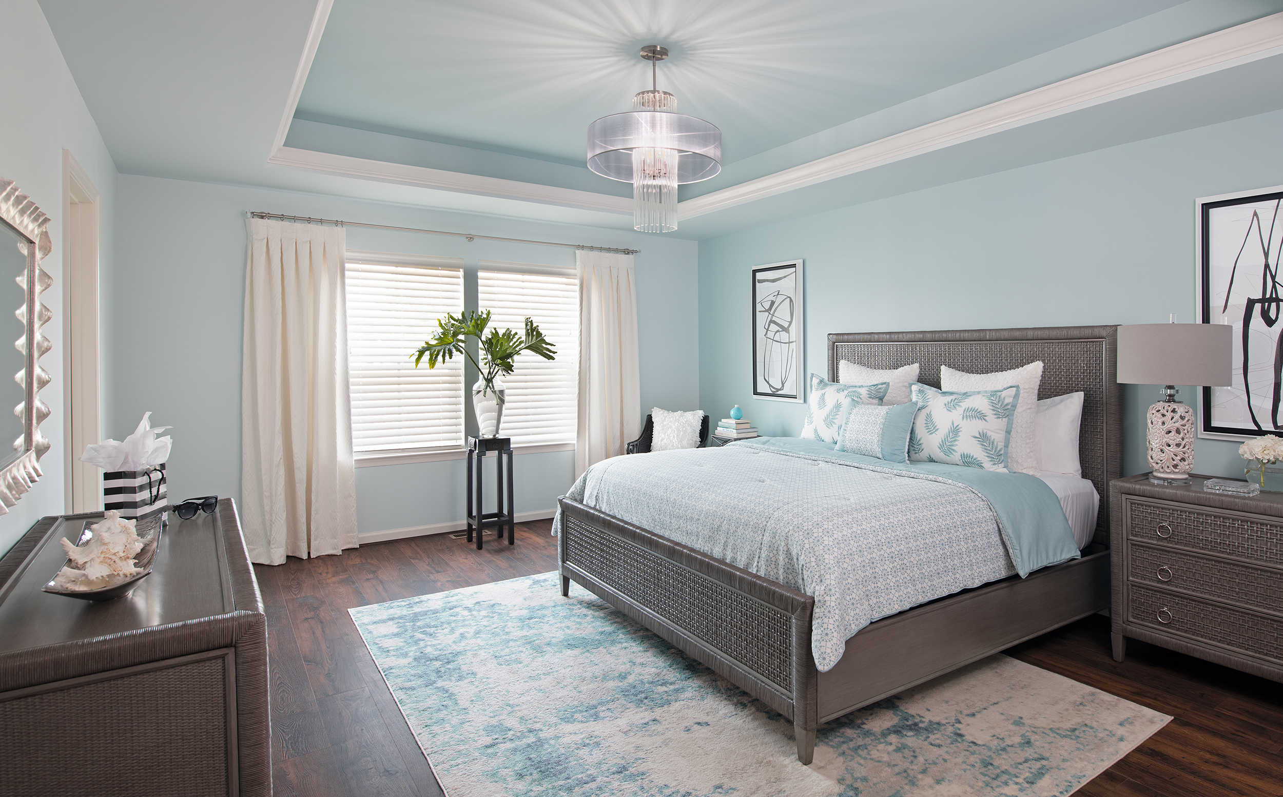 modern blue and white bedroom